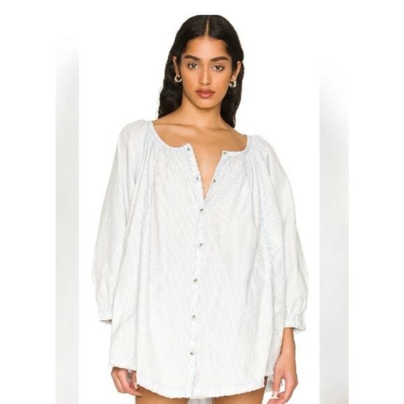 Free People Oxford Button Front Swing Tunic Top Blue L - Picture 3 of 9